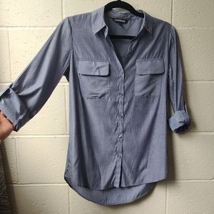 Express Striped Button Down The City Shirt Blue/Grey and White Striped